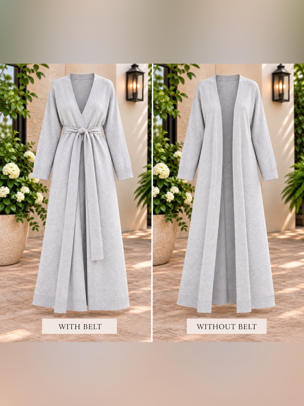 Small Long Grey Knit Cardigan Sweater with Tie Belt